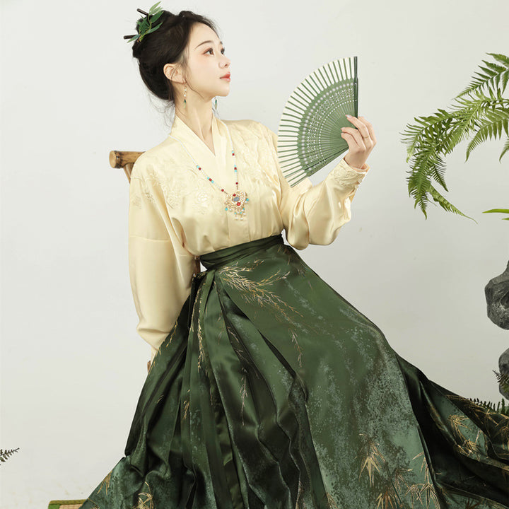 Conjunto original de falda con cara de caballo al estilo chino | Hanfu bordado "Sombras de Bambú" con cuello cruzado y mangas de avión