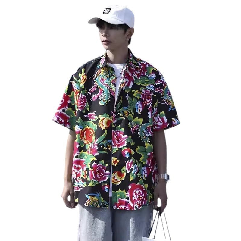 Camisa de manga corta para hombre, tendencia nacional, camisa de flores grandes del noreste, estilo chino, ropa de verano de celebridades de Internet, hermosa camisa de media manga de cinco puntos de pulgadas