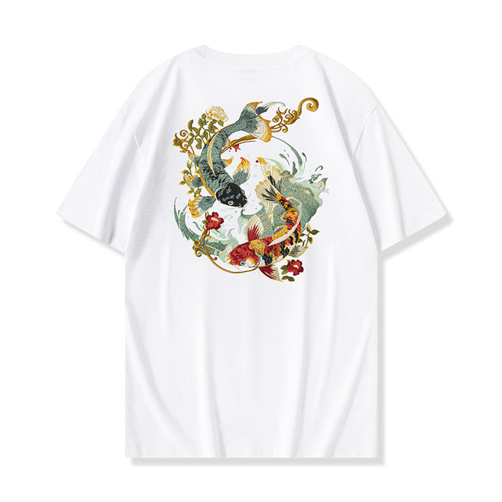 Camiseta de manga corta de verano 2025 para niños, con bordado de flores Koi, tendencia nacional, estilo chino suelto.