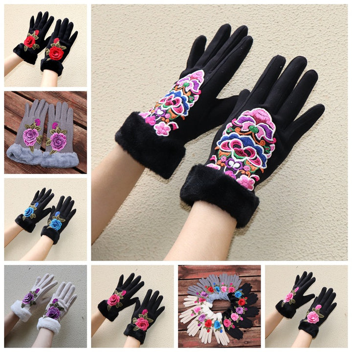 Guantes de dedos completos para mujer: diseño floral bordado étnico de Yunnan con ribete de piel sintética