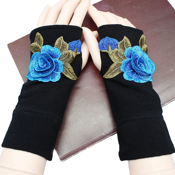 Guantes de medio dedo para mujer, cálidos y resistentes al frío, para conducir en otoño e invierno, guantes de algodón sin dedos de estilo chino con bordado y pantalla táctil, engrosados.