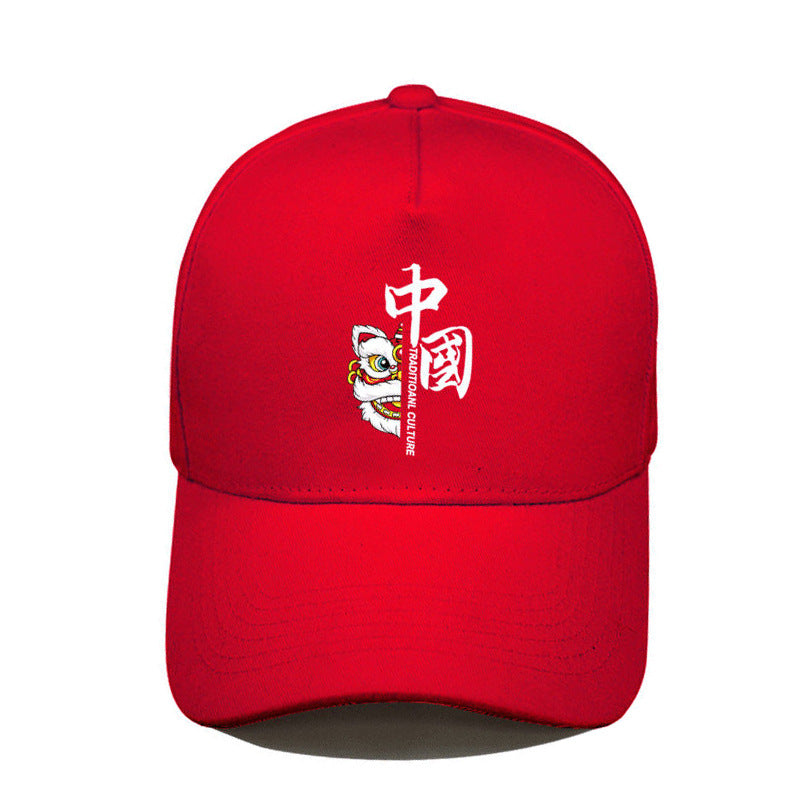 国潮中国风舞狮红鸭嘴帽-学生爱国青年棒球帽,五片式设计