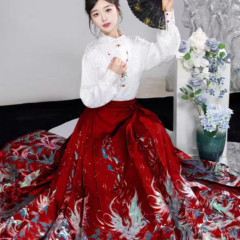 Qing Fenghuang Chinese Mamen Skirt Set | Modernized Hanfu with Gold-Weave Floral Design