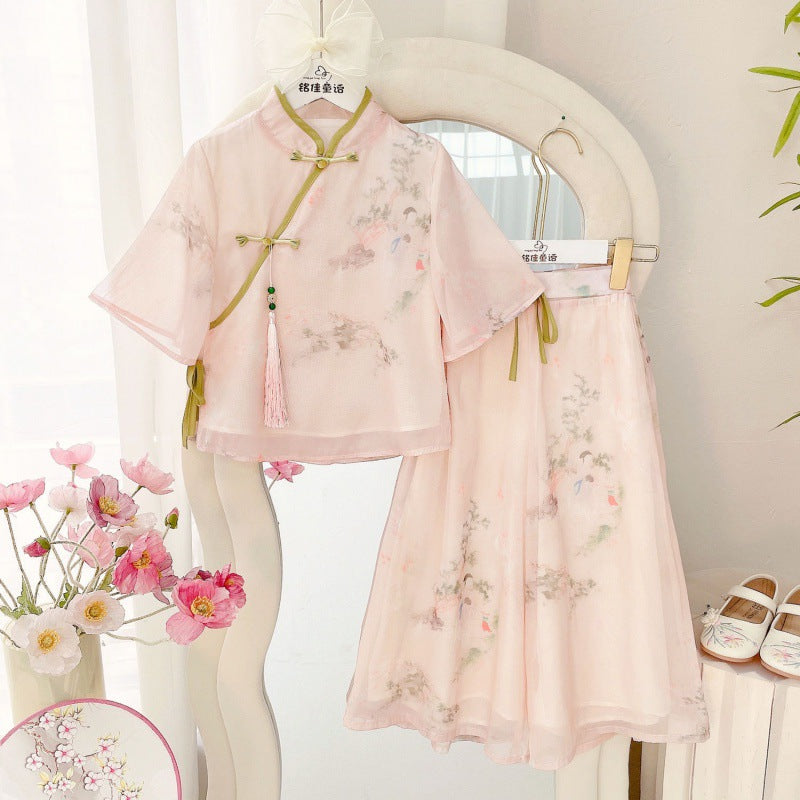 Traje Hanfu de verano para niñas 2024, nuevo estilo chino, traje Tang para niñas medianas y grandes, nuevo traje antiguo chino de manga corta