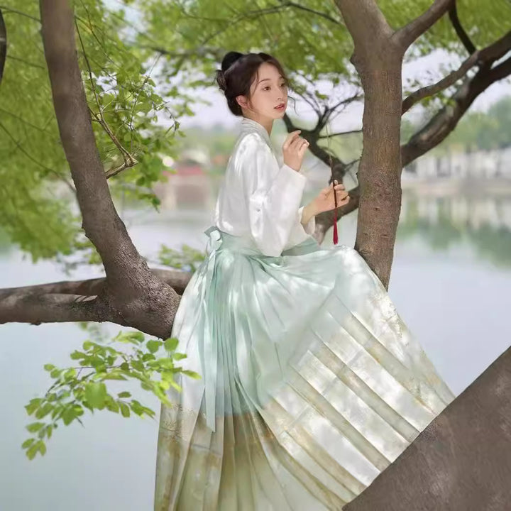 Summer Hanfu Women's New Collection | Simple Floral Ma Mian Skirt Full Set - "Man Ting Fang" Lightweight Commuter Ancient Costume