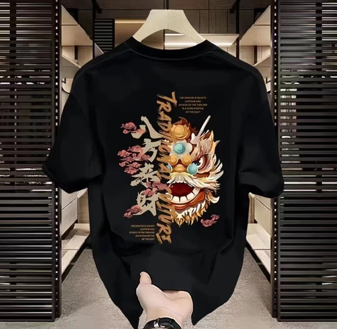 2024 Year of the Dragon National Tide Heavy Short Sleeve T-Shirt – Men’s Trendy Red Loose-Fit Honmei Year Shirt