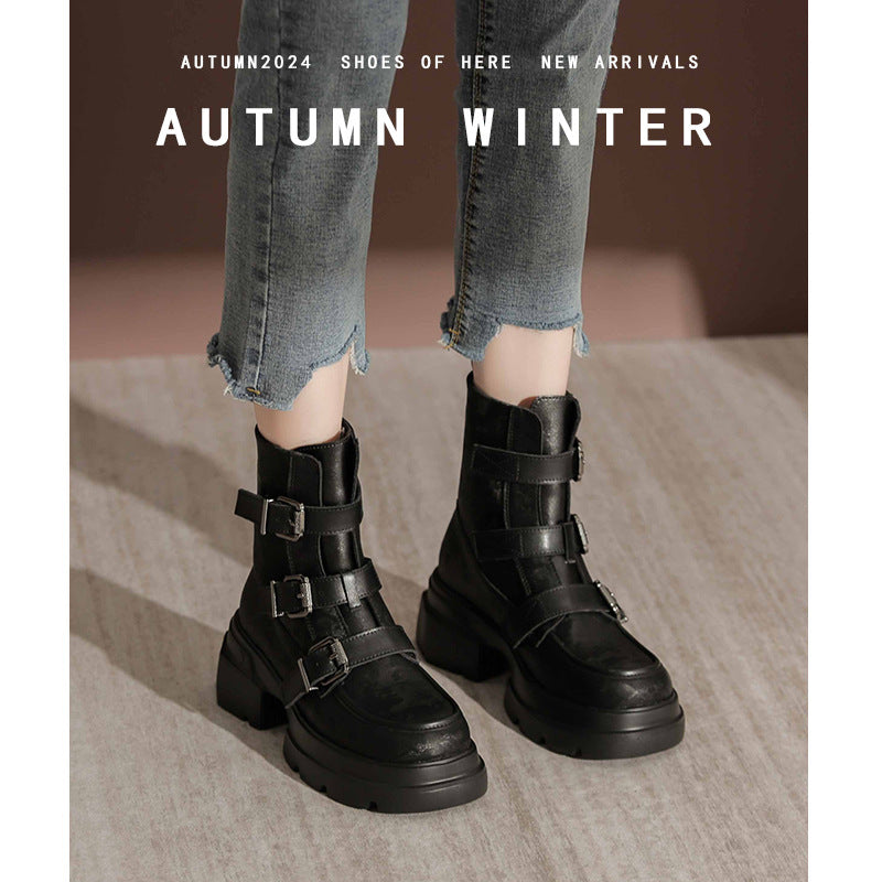 Ge Mei Ni National Trend Martin Boots Women 2024 Genuine Leather Heightening Thick-soled Boots Fashionable All-match Short Boots Women 2208-1