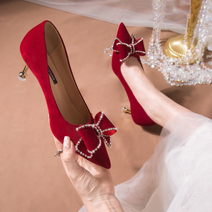 Zapatos de boda Xiuhe estilo chino para mujer 2025, zapatos de boda color vino, tacones altos que no cansan los pies, vestido de novia Xiuhe, zapatos de novia bidireccionales