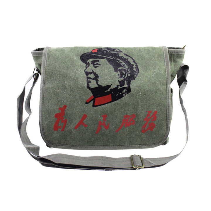 Vintage Mao Zedong "Serve the People" Red Army Bag, Lei Feng Canvas Five-Pointed Star Crossbody Bag, Red Star Shoulder Bag, Green Retro Style