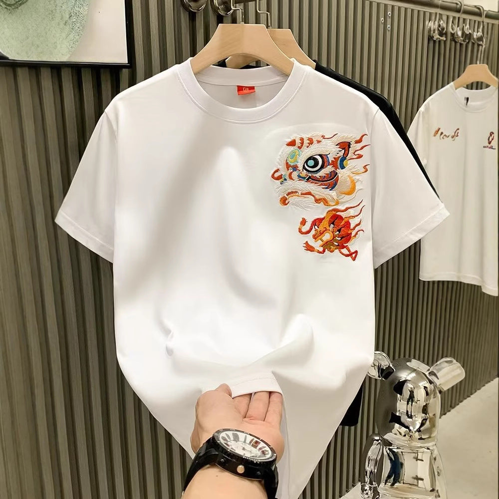 Camiseta de manga corta con bordado de león para hombre en verano, camiseta de hombros rectos de peso pesado, tops sueltos de estilo chino de moda, comercio exterior