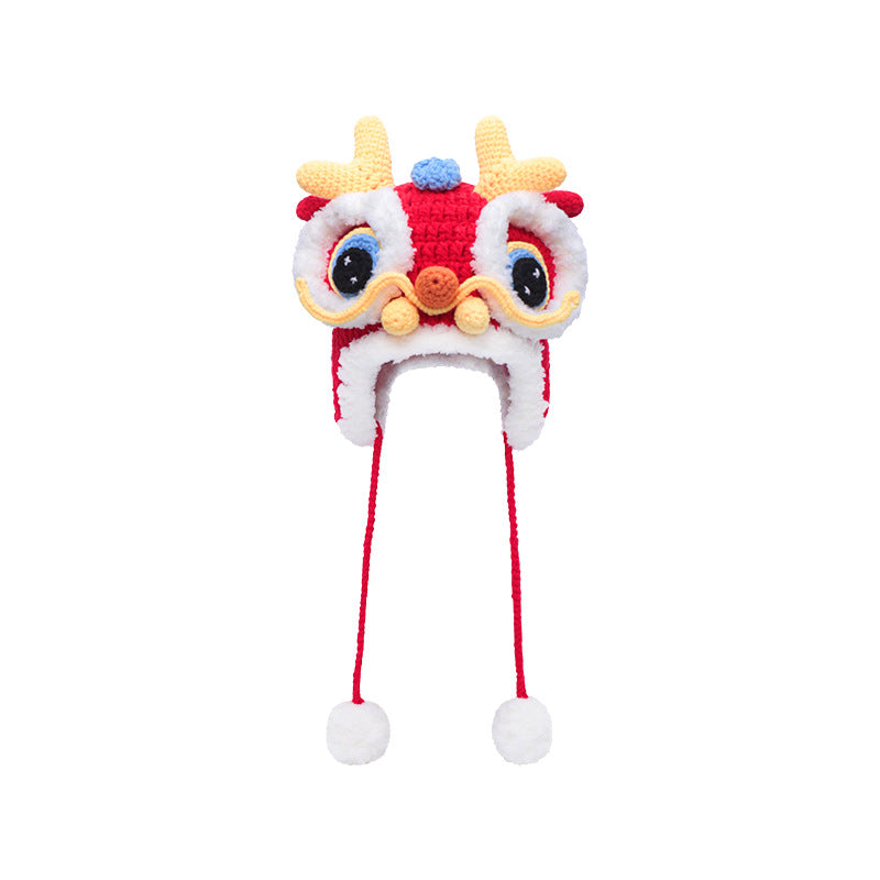 2024 Year of the Dragon Red Chinese Knit Tiger and Dragon Head Hat – Baby's Festive New Year Lion Head Hood