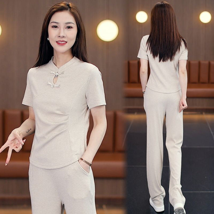 2024 Summer New Chinese Style Casual Sportswear Set for Women – Fashionable National Wind Buttoned Top and Wide-Leg Pants Two-Piece Set