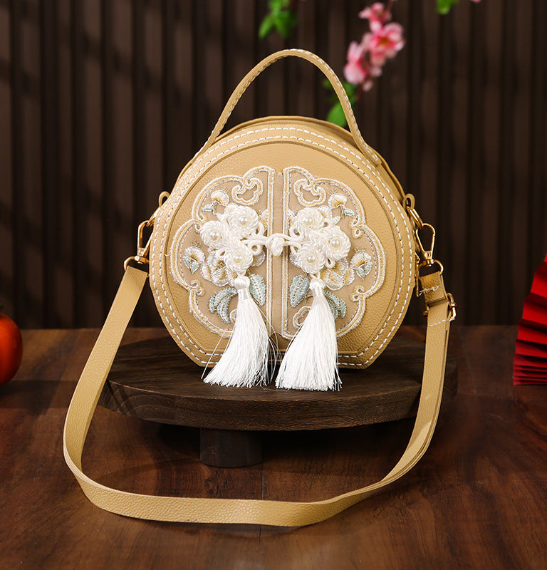 Bolso bordado artesanal de estilo chino, nuevo bolso redondo pequeño versátil de moda china, bandolera, bolso de hombro y de mano para mujer.