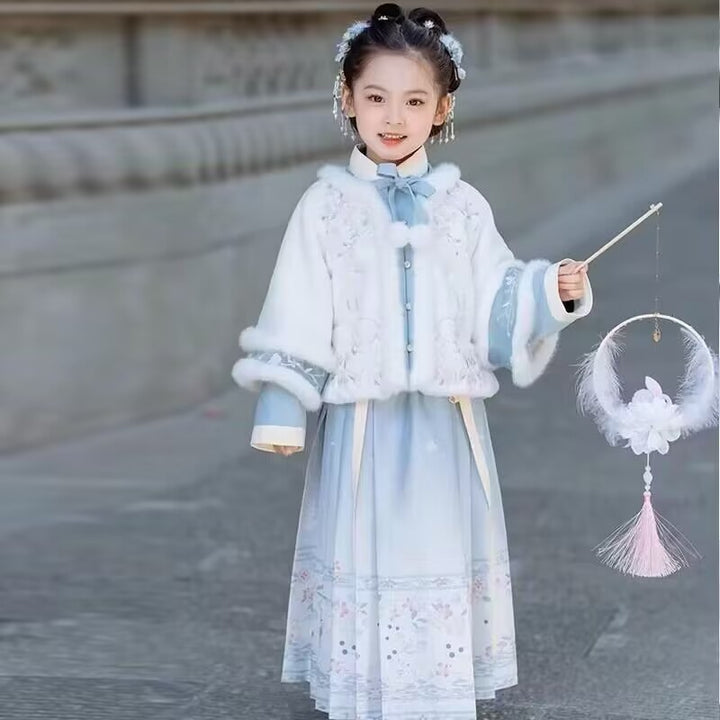 Hanfu de invierno para niña | Traje festivo con forro polar | Traje Tang estilo chino con falda Ma Mian | Ropa de invierno gruesa