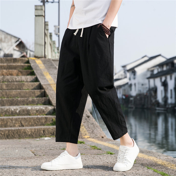 Pantalones de lino y algodón estilo chino para hombre | Pantalones harén ligeros, holgados y de pierna ancha para verano