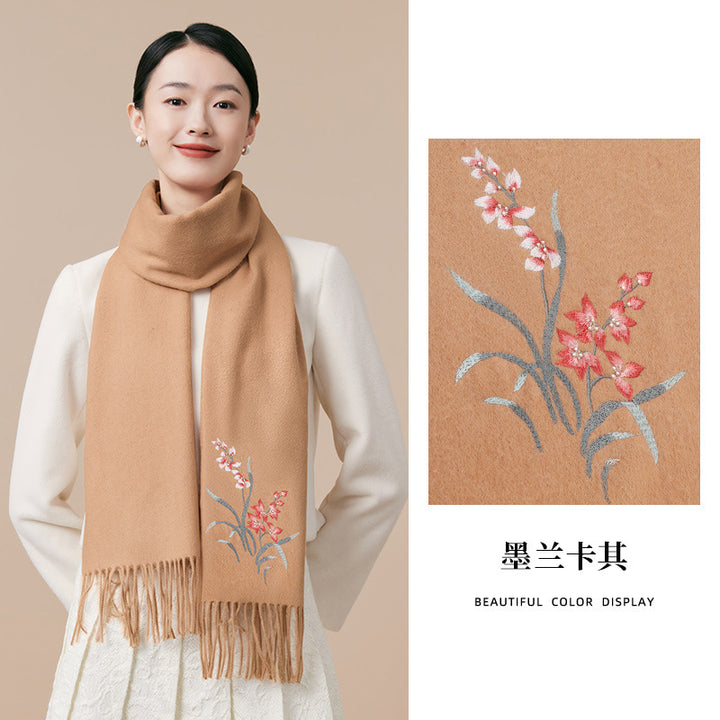 Premium Wine Red 100% Wool Scarf for Women – Chinese-Style Embroidered Winter Wrap