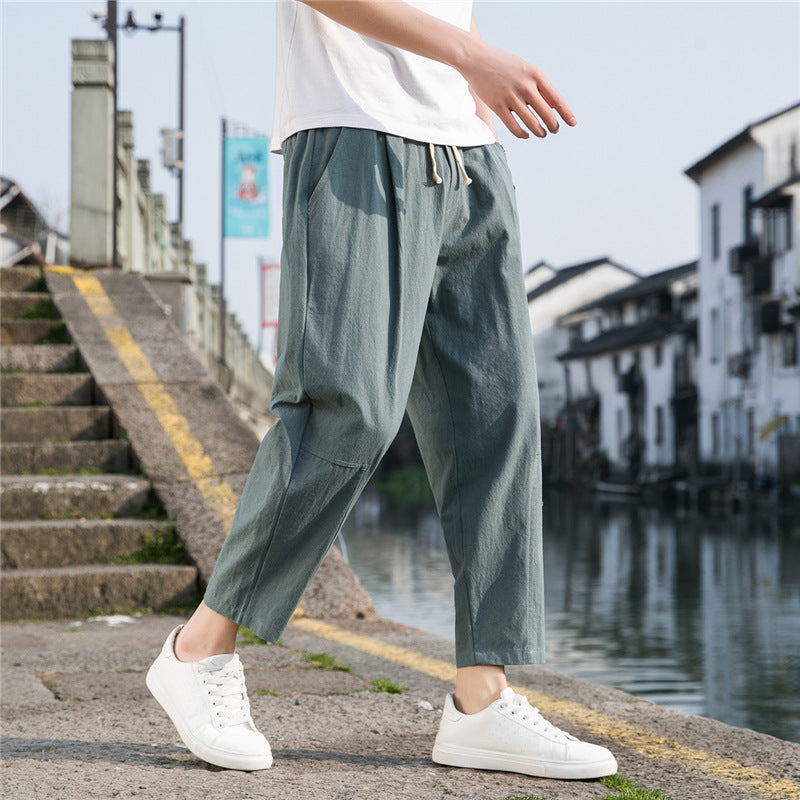 Pantalones de lino y algodón estilo chino para hombre | Pantalones harén ligeros, holgados y de pierna ancha para verano