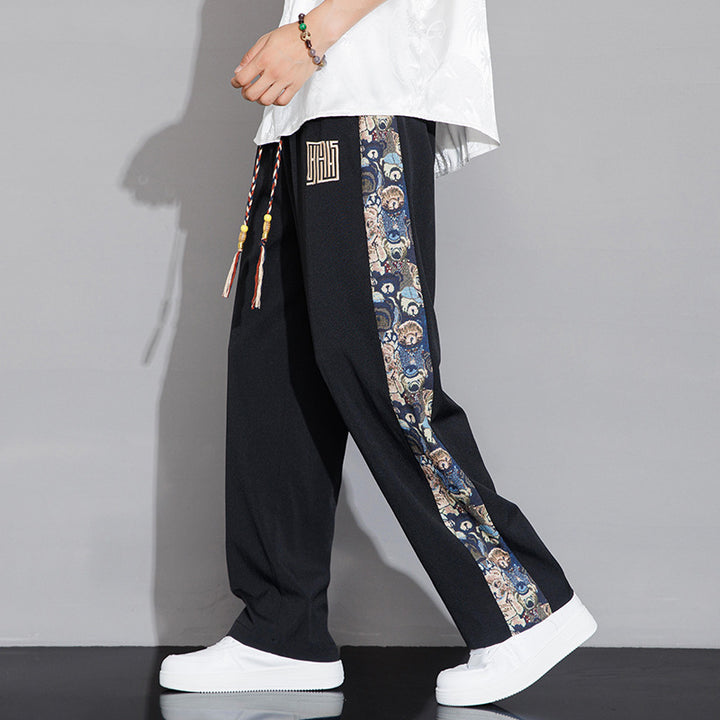 Pantalones casuales de seda de hielo de verano para hombre: finos, holgados, de pierna recta y con parches bordados, pantalones largos versátiles para parejas.