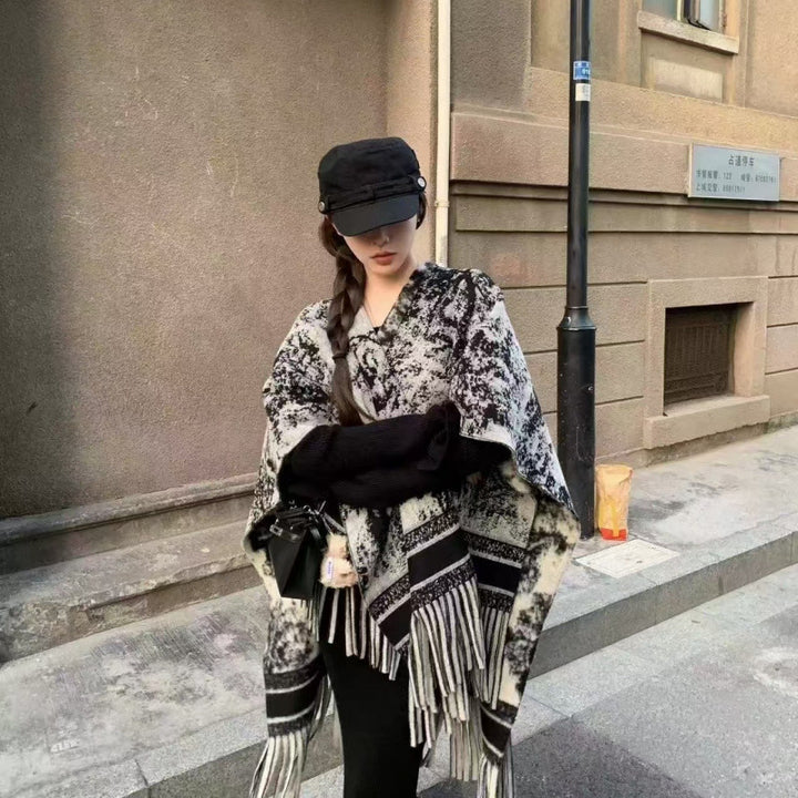 春秋仿羊绒复古水墨画设计感流苏围巾女小众别致休闲百搭披肩