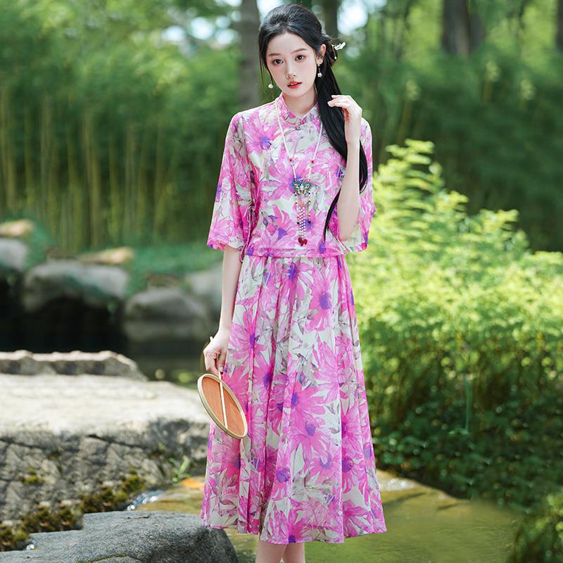 Original new Qingluo new Chinese Zen tea dress fairy girl cheongsam two-piece skirt improved Hanfu summer