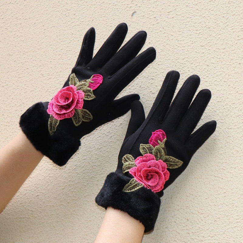 Guantes de dedos completos para mujer: diseño floral bordado étnico de Yunnan con ribete de piel sintética