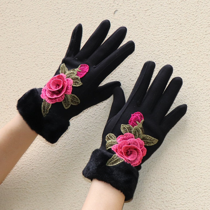 Guantes de dedos completos para mujer: diseño floral bordado étnico de Yunnan con ribete de piel sintética