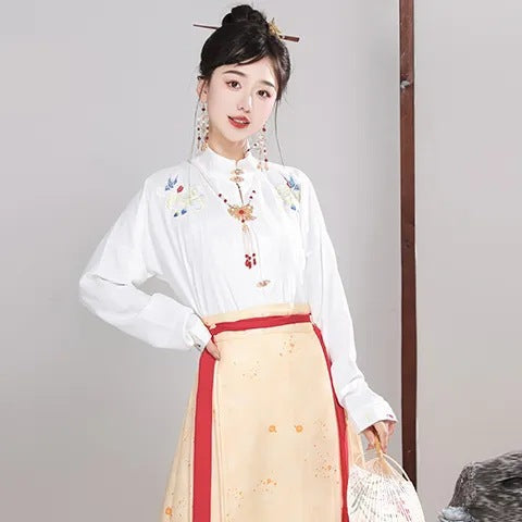 Nuevo Hanfu oriental original de la dinastía Ming: "Zorro Lunar y Loto Floreciente" con mangas planas y falda Ma Mian para mujer, uso diario.