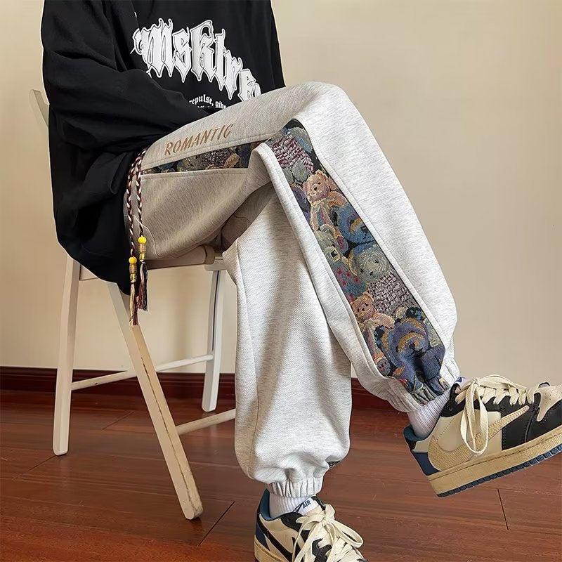 Chinese-Style Bear Embroidery Cuffed Sweatpants for Men | 2023 New Autumn/Winter National Trend Casual Sports Pants