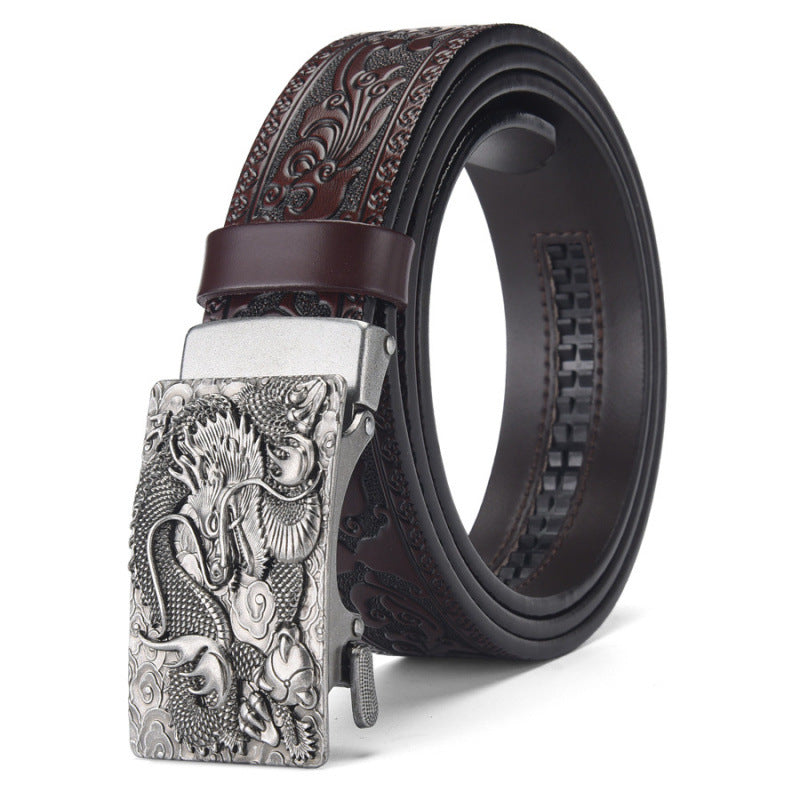 Cinturón de piel auténtica con cabeza de dragón: hebilla automática con diseño retro tallado, cinturón informal para vaqueros para hombres jóvenes.