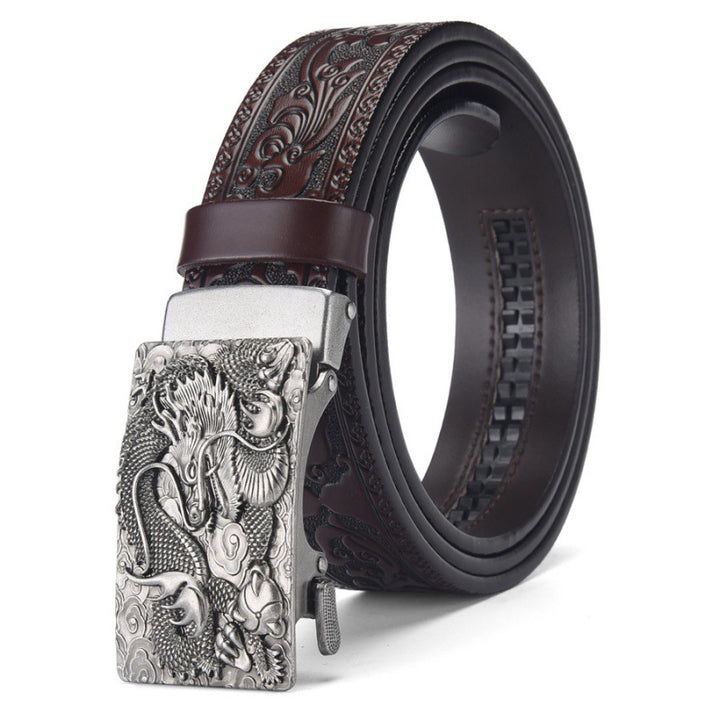 Cinturón de piel auténtica con cabeza de dragón: hebilla automática con diseño retro tallado, cinturón informal para vaqueros para hombres jóvenes.