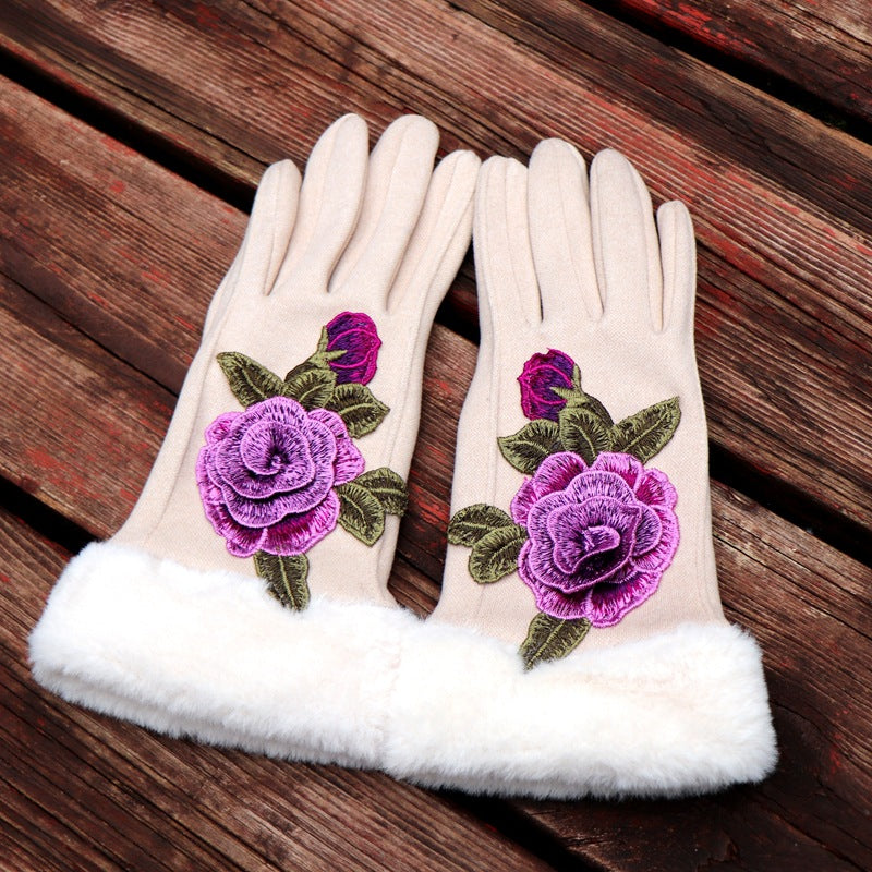 Guantes de dedos completos para mujer: diseño floral bordado étnico de Yunnan con ribete de piel sintética