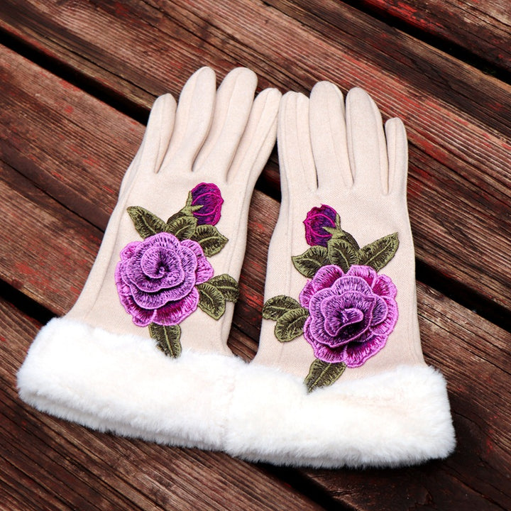 Guantes de dedos completos para mujer: diseño floral bordado étnico de Yunnan con ribete de piel sintética