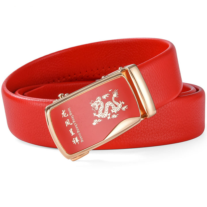 Cinturón de piel con hebilla automática para hombre: piel de vacuno auténtica, 12 animales del zodiaco, color rojo, regalo de boda perfecto.