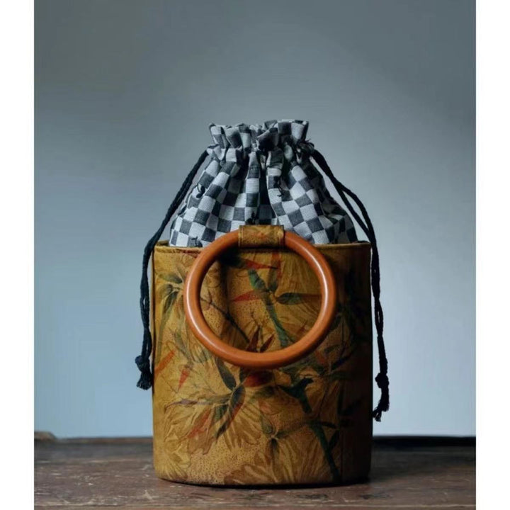 Ethnic Style Wooden Handle Bucket Bag – Tang Dynasty Horse Motif