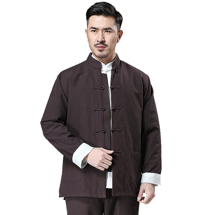 Chinese Style Vintage Men’s Tang Jacket | Spring & Autumn Long-Sleeve Casual Jacket | Mandarin Collar with Button Closures