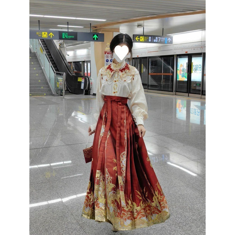 Traje de boda Hanfu chino | Conjunto de top bordado + falda Ma Mian + hombros Yun