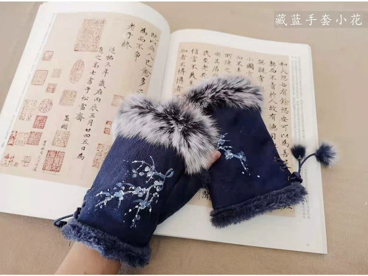 Guantes Qianqian de jade pintados a mano, de piel de conejo, cálidos, de medio dedo, hermosos guantes de invierno de estilo chino para mujer, edición de Navidad y Año Nuevo.