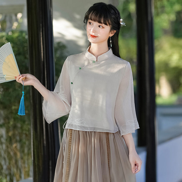 Original new Qingluo new Chinese Zen tea dress fairy girl cheongsam two-piece skirt improved Hanfu summer