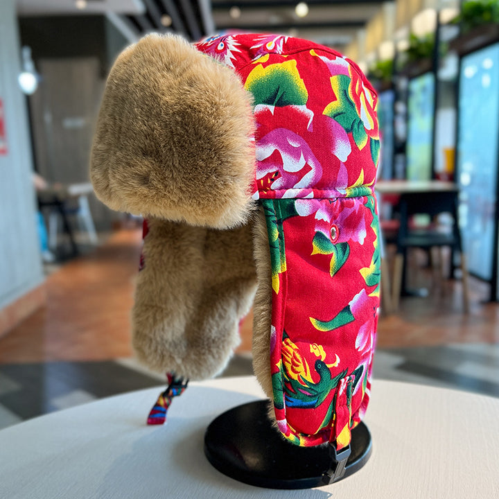 Ethnic Style Red Floral Northeast Lei Feng Hat – Unisex Winter Plush Ear Protection Cotton Hat, Outdoor Cycling Cold-Proof Hat