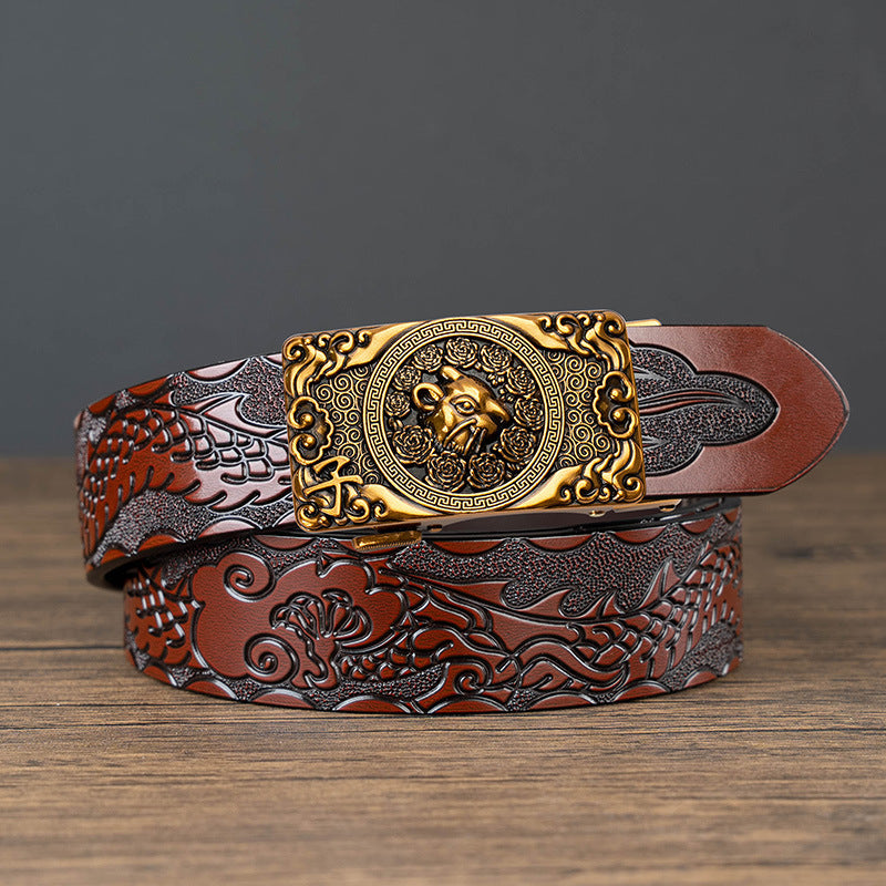 Nueva oferta: Cinturón con hebilla automática del zodiaco y grabado de dragón, de piel de vacuno de doble capa, moderno, informal y con un diseño atrevido.