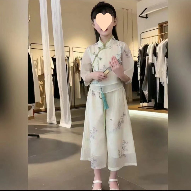 Traje Hanfu de verano para niñas 2024, nuevo estilo chino, traje Tang para niñas medianas y grandes, nuevo traje antiguo chino de manga corta