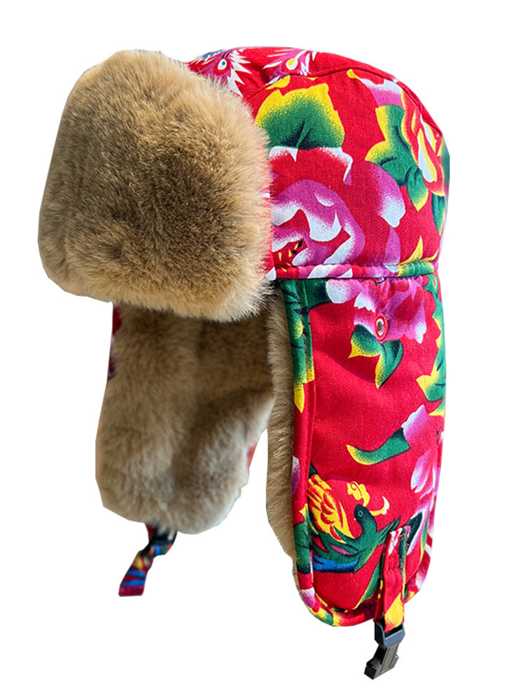 Ethnic Style Red Floral Northeast Lei Feng Hat – Unisex Winter Plush Ear Protection Cotton Hat, Outdoor Cycling Cold-Proof Hat