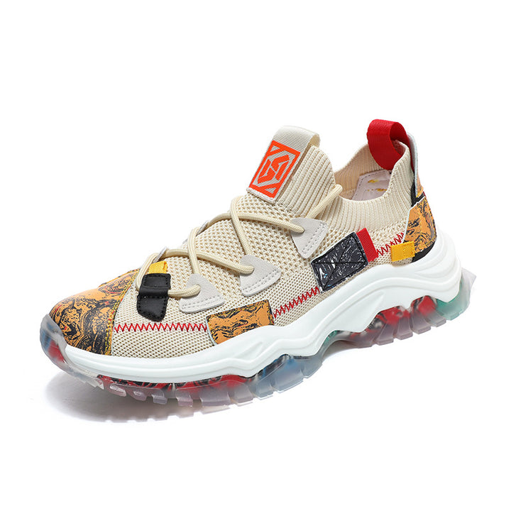 Cross-border large size national trend flying woven thick-soled dad shoes casual fashion sports men's shoes outdoor breathable mesh running shoes