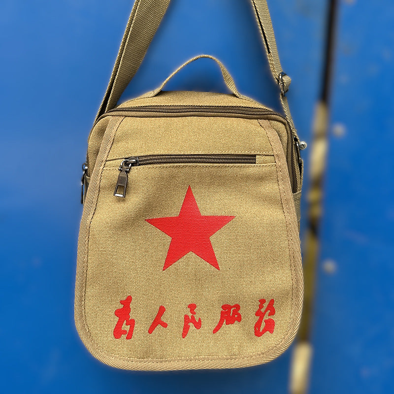 Vintage Mao Zedong "Serve the People" Red Army Bag, Lei Feng Canvas Five-Pointed Star Crossbody Bag, Red Star Shoulder Bag, Green Retro Style