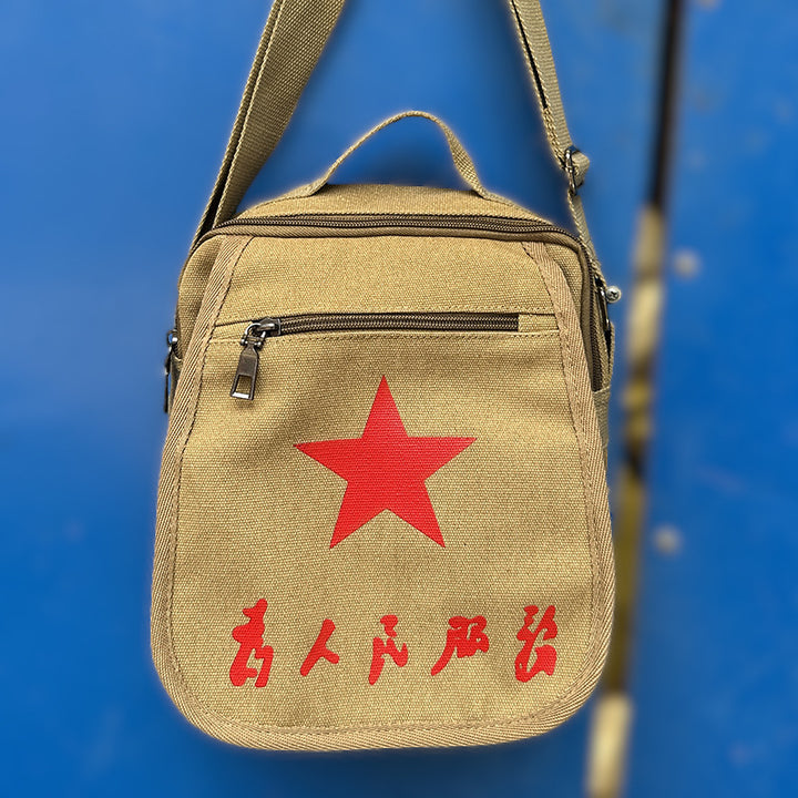 Vintage Mao Zedong "Serve the People" Red Army Bag, Lei Feng Canvas Five-Pointed Star Crossbody Bag, Red Star Shoulder Bag, Green Retro Style