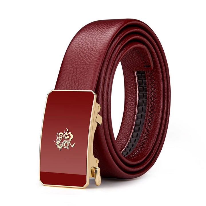 Cinturón de cuero para hombre Paul – Año del Dragón, hebilla automática del zodiaco, cuero genuino, color rojo, nuevo estilo 2024, regalo de boda, venta al por mayor