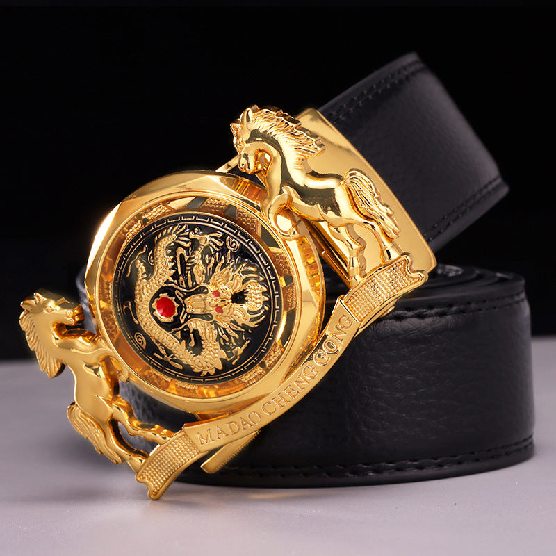 Fortune-Enhancing Leather Belt for Men – Genuine Leather Automatic Buckle Belt with Zodiac Dragon & Horse Rotating Design