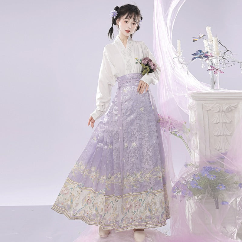 Traje de falda con cara de caballo estilo chino con mangas de avión y cuello cruzado bordado de la dinastía Ming para mujer de Hanfu original, ajustado para uso diario