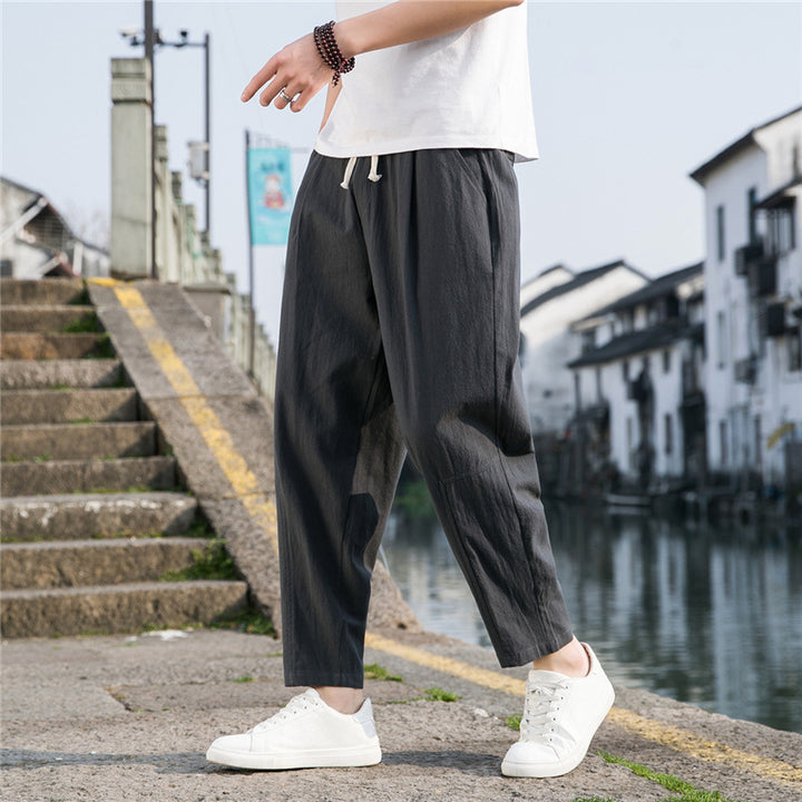 Pantalones de lino y algodón estilo chino para hombre | Pantalones harén ligeros, holgados y de pierna ancha para verano