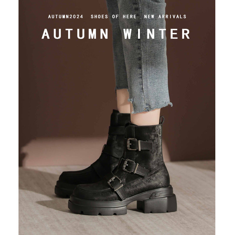 Ge Mei Ni National Trend Martin Boots Women 2024 Genuine Leather Heightening Thick-soled Boots Fashionable All-match Short Boots Women 2208-1